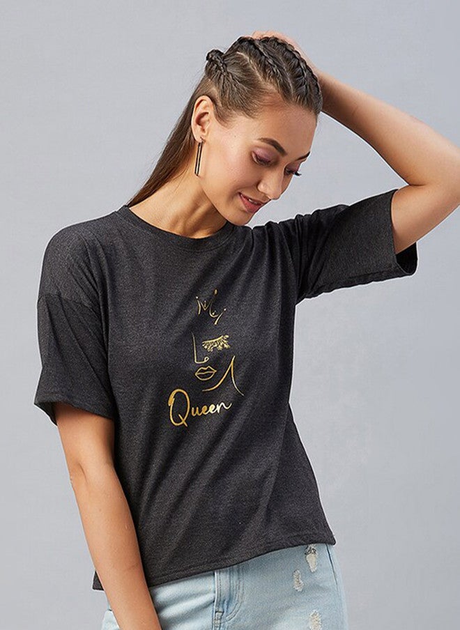 CHIMPAAANZEE Women Black Printed Extended Sleeves Pure Cotton T-shirt - Image 1