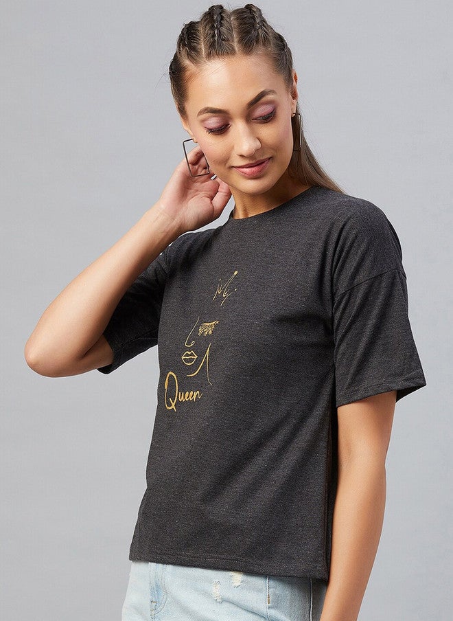 CHIMPAAANZEE Women Black Printed Extended Sleeves Pure Cotton T-shirt - Image 4