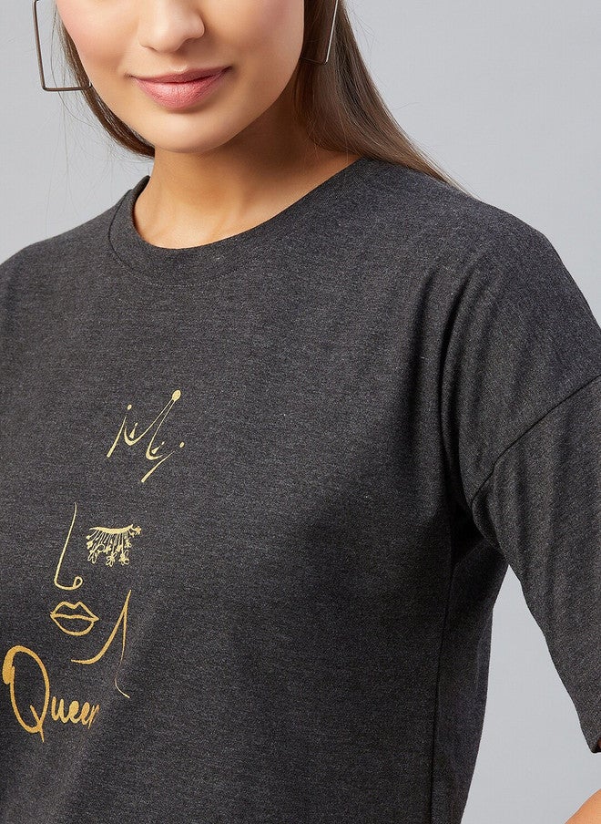 CHIMPAAANZEE Women Black Printed Extended Sleeves Pure Cotton T-shirt - Image 2