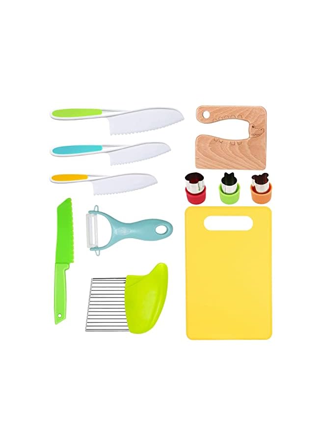 KASTWAVE Kids Kitchen Knife, Kids Knife Set Include Wood Kids Safe Knife, Serrated Edges Plastic Toddler Knife, Crinkle Cutter, Sandwich Cutter, Y Peeler, Cutting Board (Crocodile, 11 Pieces) - Image 2