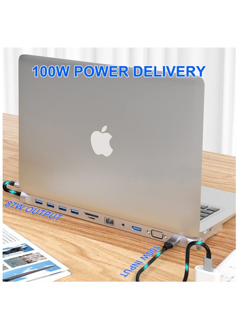 Excefore - 11 in 1 USB C docking station, USB Type C to 4K 30Hz HDMI+VGA,SD/TF card reader,RJ45,4 USB3.0,adapter for MacBook, Mac Pro, Mac Mini, iMac, Silver - Image 1
