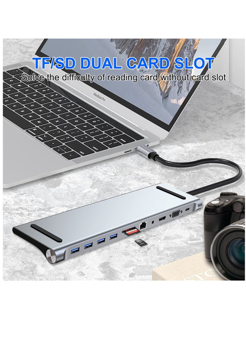 Excefore - 11 in 1 USB C docking station, USB Type C to 4K 30Hz HDMI+VGA,SD/TF card reader,RJ45,4 USB3.0,adapter for MacBook, Mac Pro, Mac Mini, iMac, Silver - Image 1