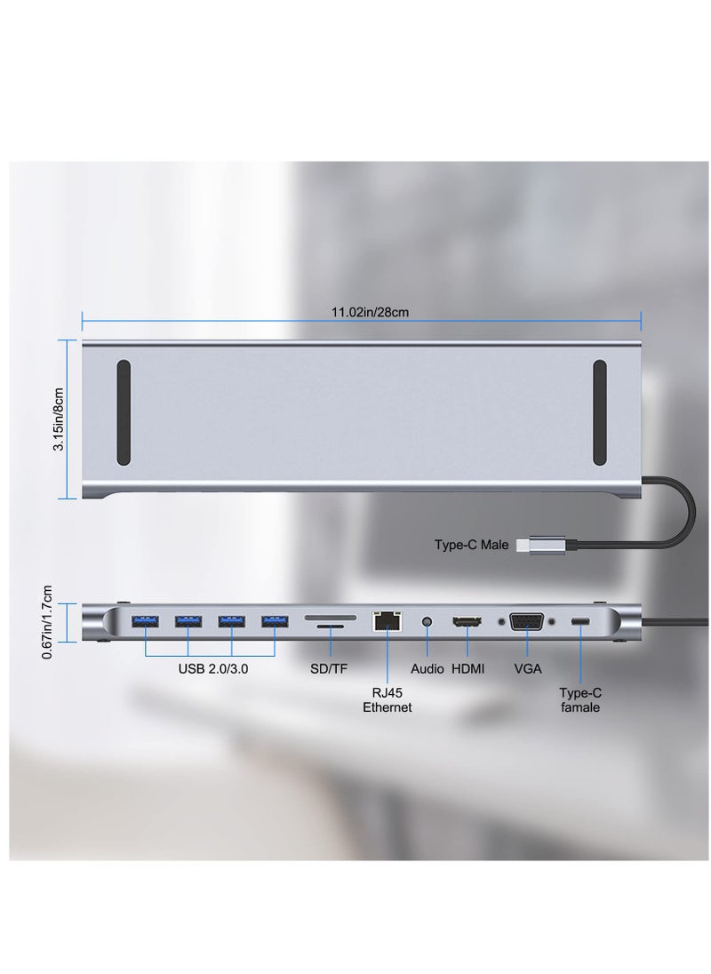 Excefore - 11 in 1 USB C docking station, USB Type C to 4K 30Hz HDMI+VGA,SD/TF card reader,RJ45,4 USB3.0,adapter for MacBook, Mac Pro, Mac Mini, iMac, Silver - Image 1