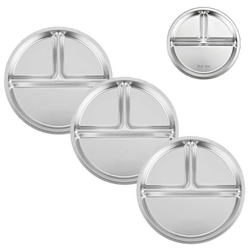 PandaEar 3 Pack Stainless Steel Divided Plates for Kids, 8.1â€ Portion Control Plates with 3 Compartments, Reusable Metal Dishes for Balanced Meals, Camping & Home Use - Image 1
