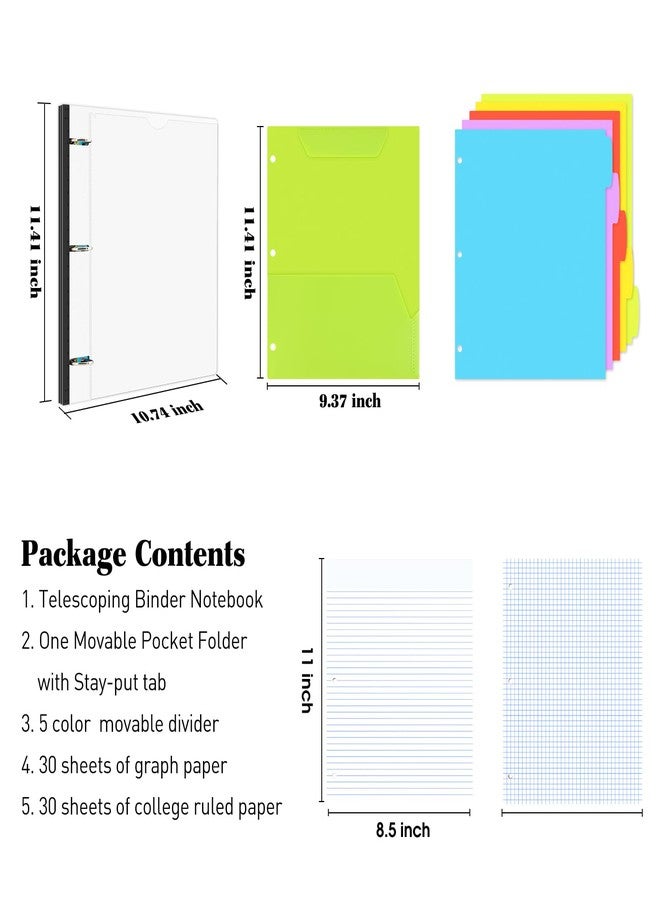 INFUN All-in-one Telescoping Binder Notebook, Refillable 3 Ring Notebook Binder with 1 Plastic Movable Pocket Folder,5 Plastic Subject dividers and Graph Paper and College Ruled Paper-White - Image 2
