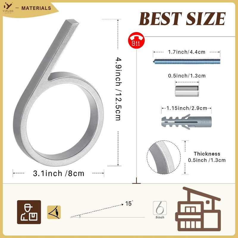 YIPLED 5 Inch House Numbers for Outside, Metal Address Number 6 - Modern Design, Weather-Resistant Silver Powder Coated Finish, No Fading (Silver) - Image 3