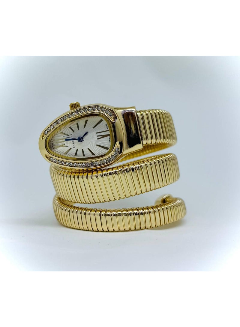 BVLGARI Women’s Luxury Wrap Analog Watch – Gold Metal Spiral Bracelet with Crystal Bezel