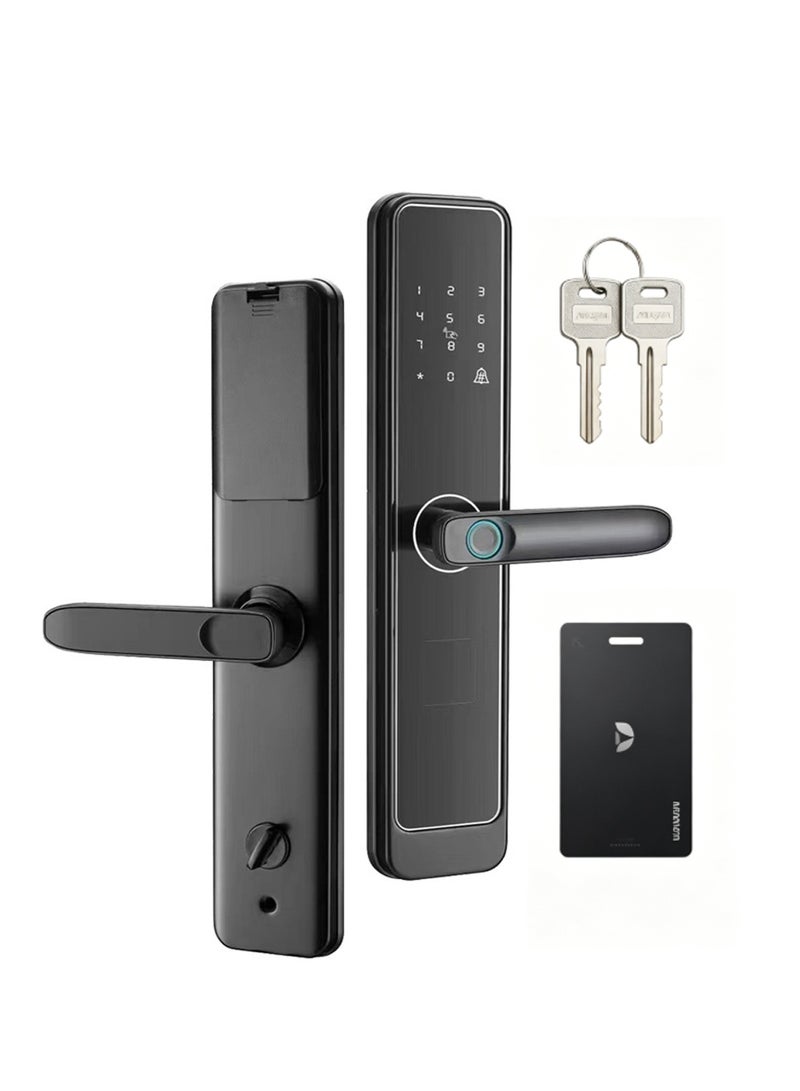 باور قفل باب ذكي يعمل ببصمة الإصبع، قفل باب رقمي بدون مفتاح مزود بلوحة مفاتيح تعمل باللمس، يدعم بطاقات RFID والتحكم عبر التطبيق، وفتح بكلمة مرور، ومصدر طاقة USB للطوارئ، ومقبض قفل، مناسب للمنزل والشقة والفيلا والمكتب والفندق - Image 1