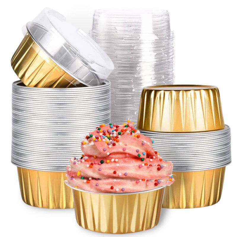 Mini Aluminum Foil Cupcake Baking Cups with Lids 40pcs 5oz Round Cupcake Foil Liners Tart Pie Tin Pan Holder Disposable Mini Cake Containers Flan Molds for Pudding Souffle Party Wedding