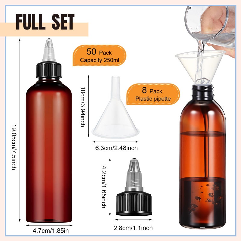 Barydat 50 Pcs 8 oz Squeeze Bottle Twist Top Applicator Bottles Empty Hair Oil Bottle with Funnels Refillable Amber Plastic Bottles for Liquid Hair Oil Shampoo Lotion - Image 2