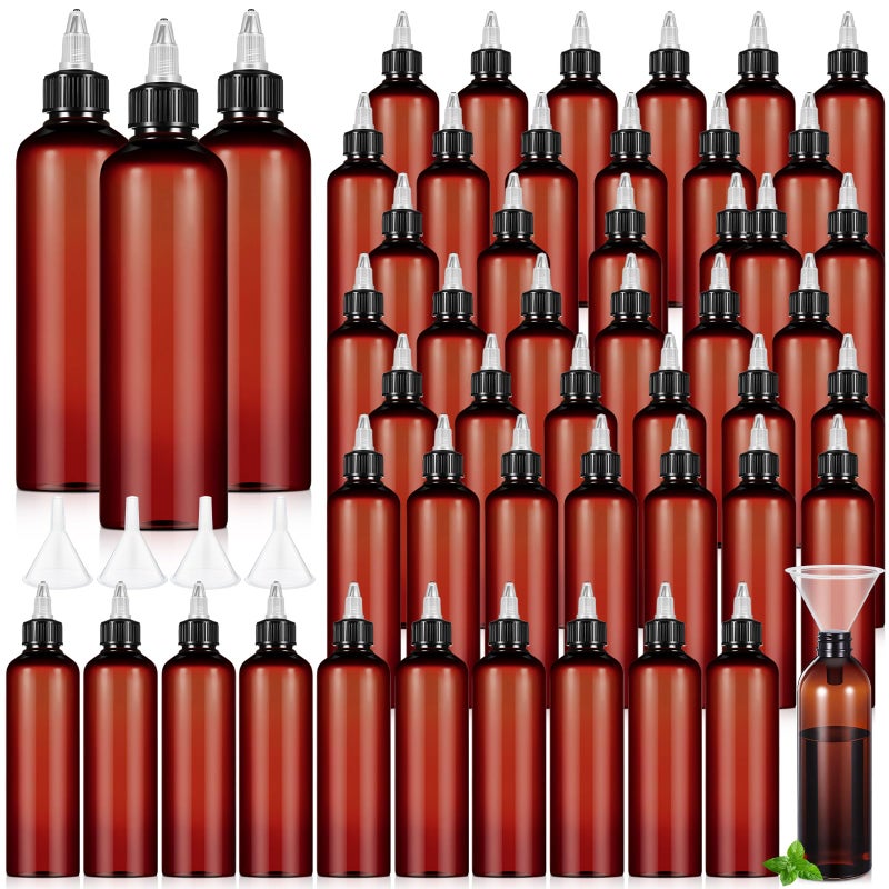 Barydat 50 Pcs 8 oz Squeeze Bottle Twist Top Applicator Bottles Empty Hair Oil Bottle with Funnels Refillable Amber Plastic Bottles for Liquid Hair Oil Shampoo Lotion - Image 1