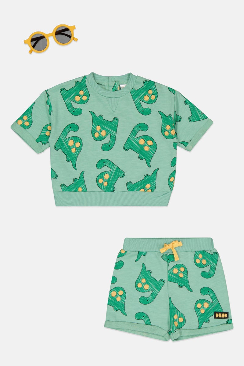 Lily & Jack Toddlers Boy 3 Pcs Graphic Print Top And Shorts Set With Sunglasses, Green - Image 3