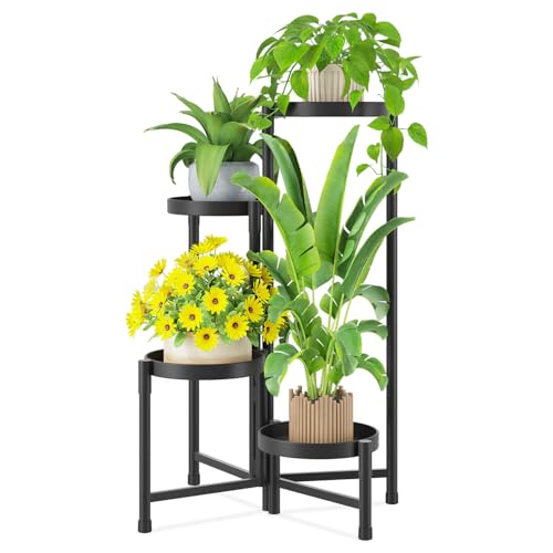 iDavosic.ly Plant Stand Indoor Outdoor, 4 Tier Corner Metal Flower Display Holder Shelf, Folding Tall Orchid Rack for Patio Balcony Porch Garden Living Room House, Black - Image 1