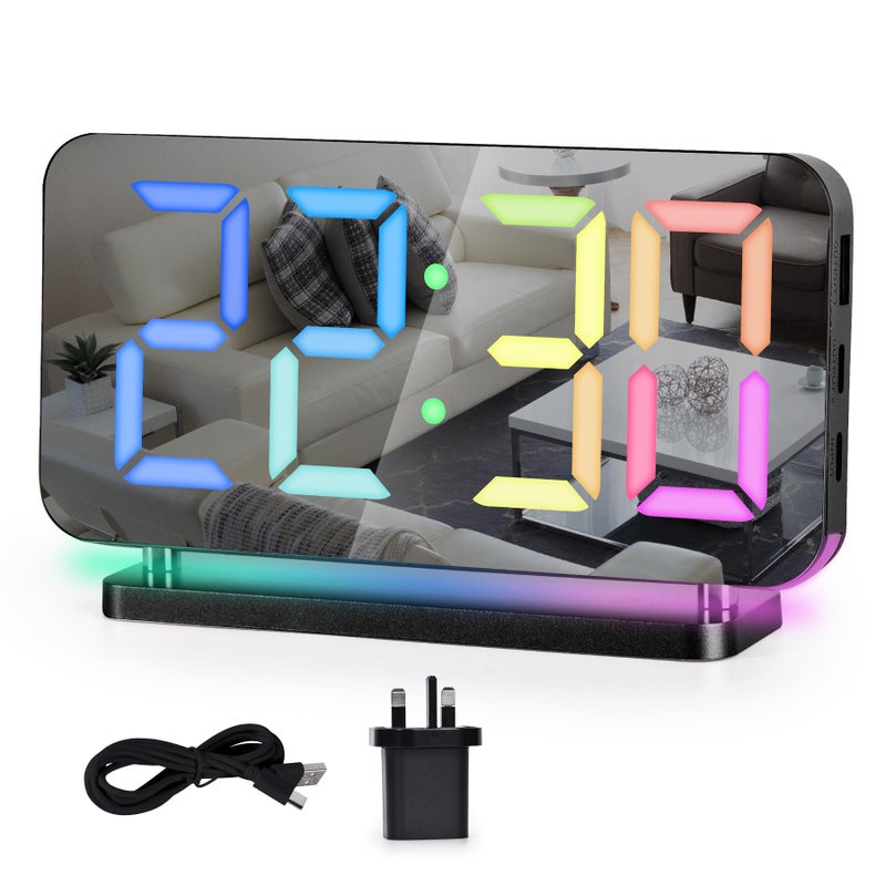 SZELAM Digital Alarm ClockRGB Alarm Clock Bedside74LED Mirror Clock with USB Charging Port10 Modes RGB Night Light11 Colors LED DisplayAuto Dimming5 Levels Volume Desk Clock for Bedroom Decor
