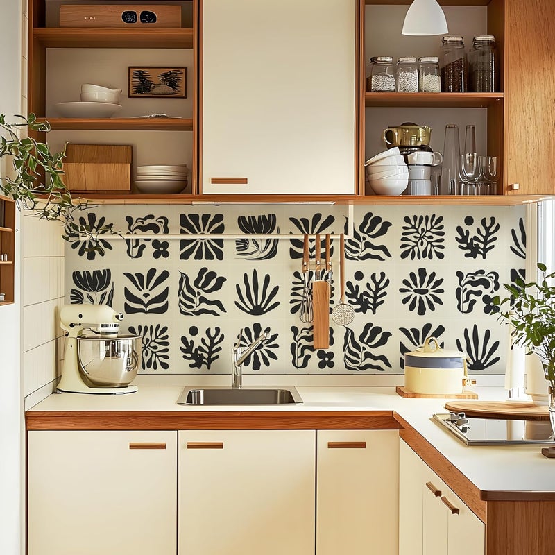 Alwayspon Self-Adhesive Vinyl Wall Tile Stickers, 10Pcs 20cm/8inch Peel and Stick on Tiles Transfer Vinyl Flooring Waterproof Splashback for Kitchen Bathroom, Black White Floral - Image 3