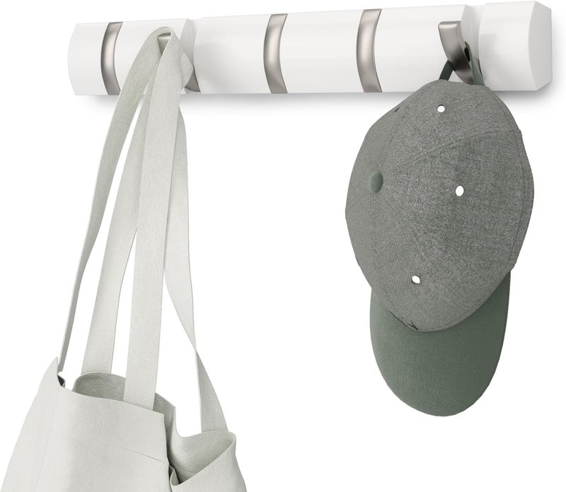 Umbra Flip Wall-Mounted Coat Rack with 5 Hooks – Modern, Space-Saving Storage for Hats, Jackets, Bags, Entryway, Mudroom, Closet, Bathroom, Bedroom – White/Nickel - Image 1