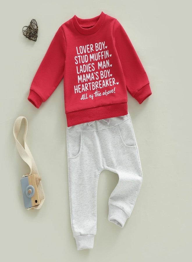 Douhoow Baby Boy Valentines Day Outfit Letter Print Sweatshirt Long Joggers Pants Boys Girls Festival Clothes (Red B, 0-6 Months) - Image 2
