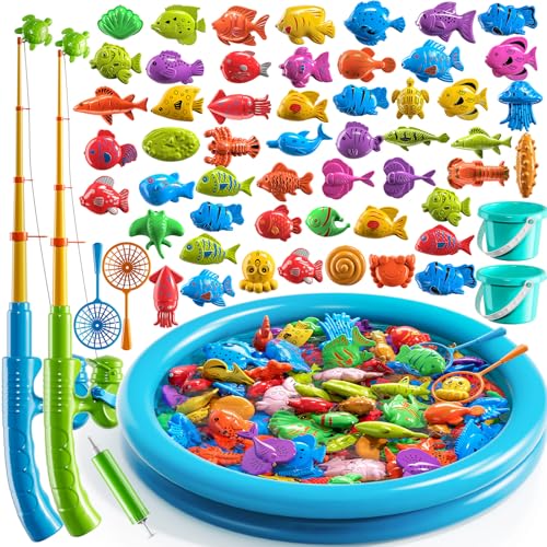 TEMI Magnet Fishing Game for Kids 48 Fish Toys for Kids 35 Bathtub Floating Fishing Pole Water Table Pool with Rod Net Summer Water Play Indoor and Outdoor Gifts for Holiday for Boy and Girls - Image 1
