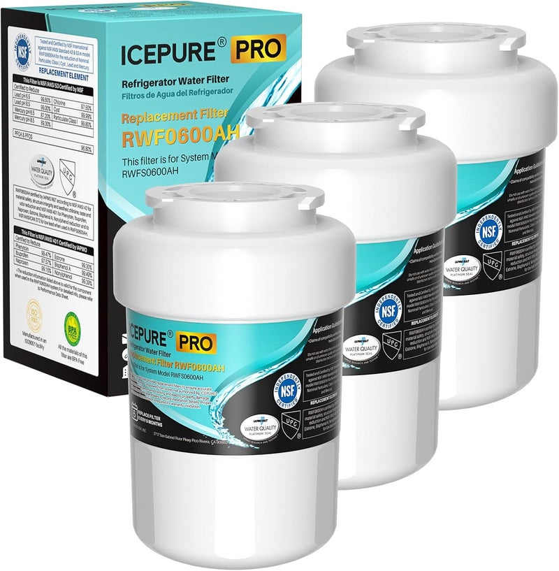 ICEPURE PRO RWF0600AH معتمد من NSF/ANSI 401 و NSF/ANSI 53 كبديل لفلتر مياه الثلاجة GE MWF، MWFINT، MWFA، HDX FMG-1، GSE25GSHECSS، 46-9991، GSH25JSDDSS، GSHS6LGBBHSS، PC75009، عبوة من 3 قطع - Image 1