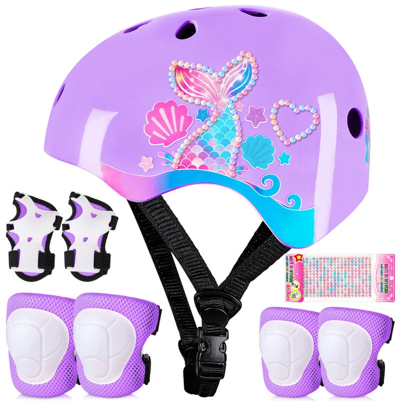 FIODAY Toddler Bike Helmet Kids Helmet Knee Pads and Elbow Pads Set Adjustable Protective Gear Set with DIY Stickers for Girls Age 3-5-8 Years - Image 1