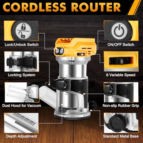 bellaDimora Cordless Trim Router Compatible with DeWalt 20V MAX Battery 800W Brushless Motor 30000RPM 6Speed with Edge Guide Dust Hood 6 Router BitsNo Battery - Image 3