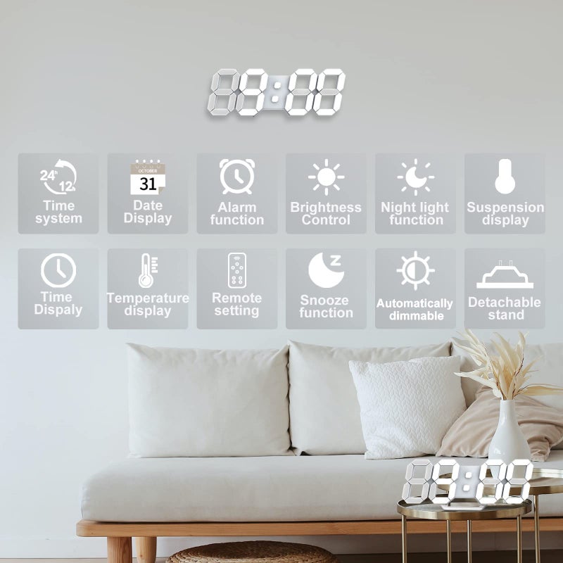 Deeyaple LED Clock, 3D Digital Wall & Desk Alarm Clock with Snooze, Dimmable Display, Time Memory, 12/24H Date & Temperature, Remote Control Night Light for Bedroom, Office, Kitchen, Home (White) - Image 2