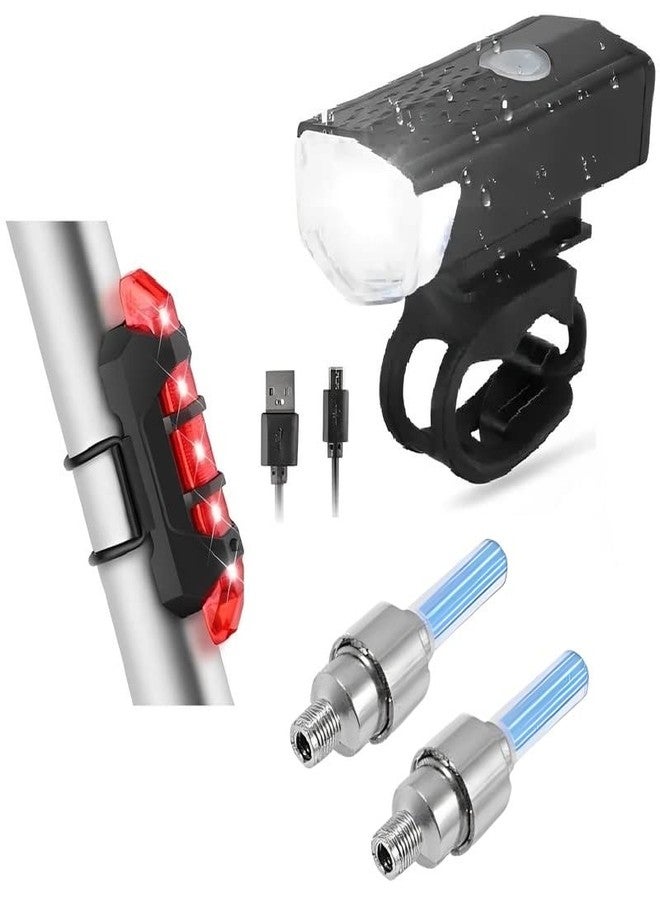 BLACKBELL Combo of Bicycle USB Rechargeable Head and Back Light with Tyre Valve Lights (Pack of 1 Front, 1 Rear, 2 Valve) - Image 1