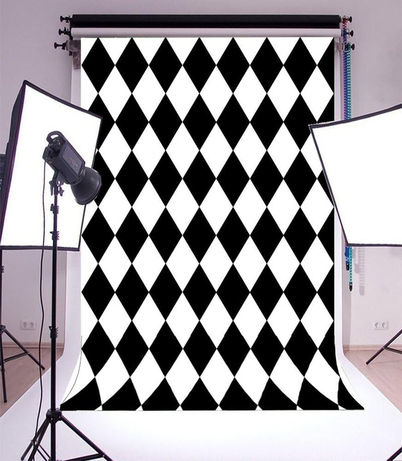 Laeacco 6X8FT Vinyl Photography Background Mosaic Theme Black and White Rhombus Pattern Design Backdrop Party Artistic Children Adults Photo Backdrop 18W x25H M Photo Studio Prop - Image 1