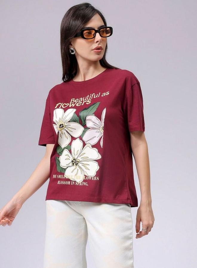 Freehand Women Red Relaxed Fit Floral Print T-Shirt - Image 1