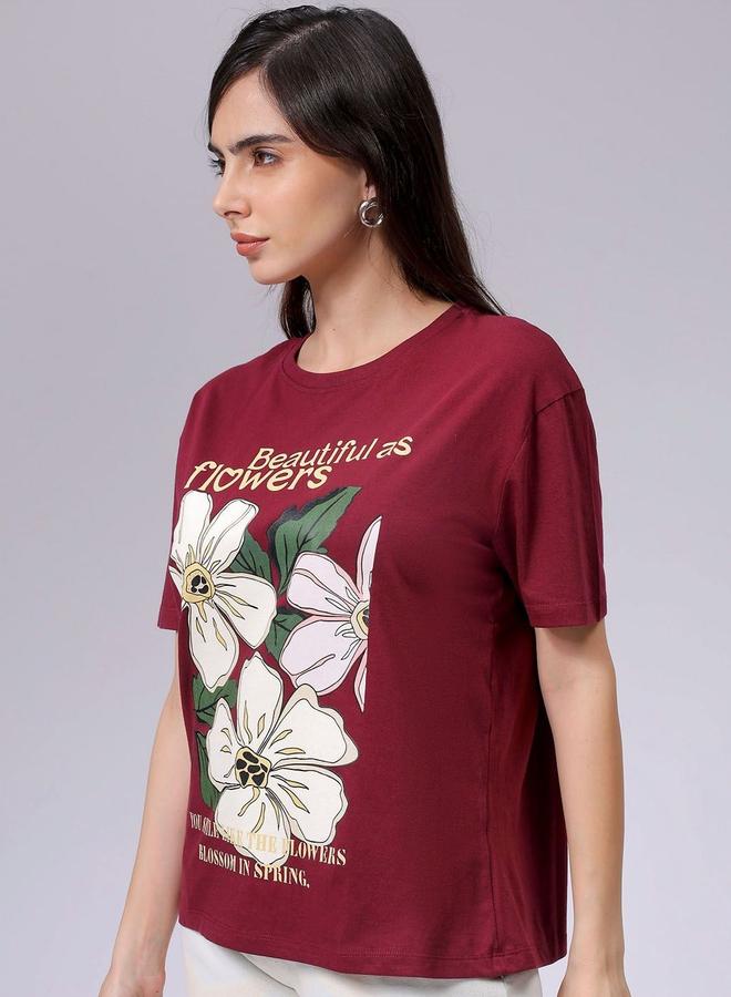 Freehand Women Red Relaxed Fit Floral Print T-Shirt - Image 3