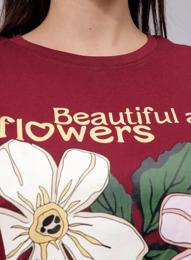 Freehand Freehand Women Red Relaxed Fit Floral Print T-Shirt