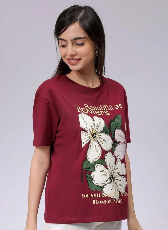 Freehand Freehand Women Red Relaxed Fit Floral Print T-Shirt