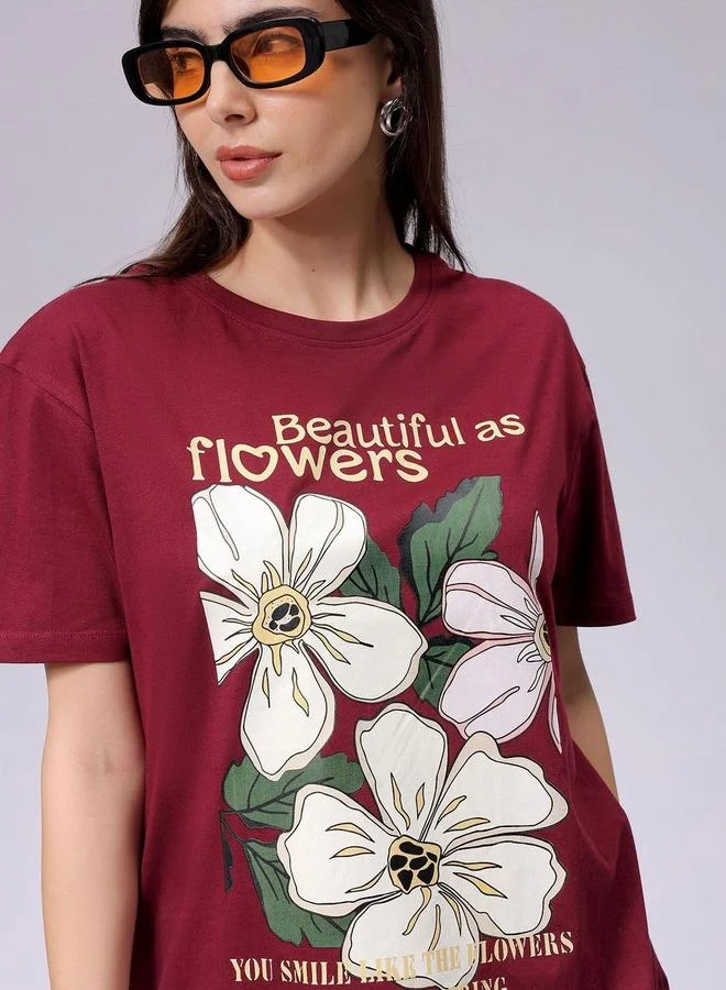 مرفوعة تيشيرت بطبعة زهور بقصة مريحة