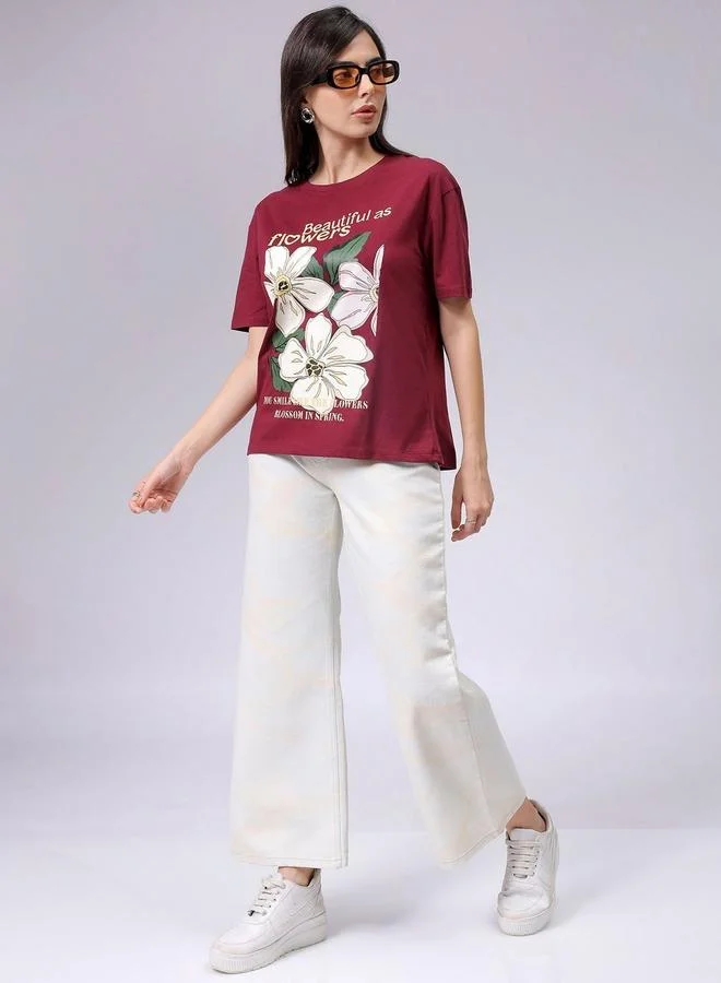 Freehand  Freehand Women Red Relaxed Fit Floral Print T-Shirt for Women | Best Price UAE
