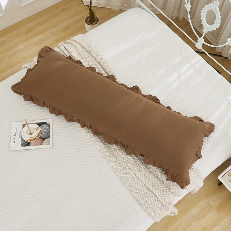 Merryword Brown Body Pillow Cover 20x54inches Long Pillowcase Ruffled Pillowcases Shabby Chic Ruffled Fringe Decor Body Ruffled Pillow Sham Cute Pillowcase (1 Body  Brown) - Image 4