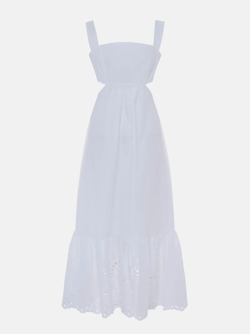 Lichi Wide-strapped midi dress with openwork skirt flounce