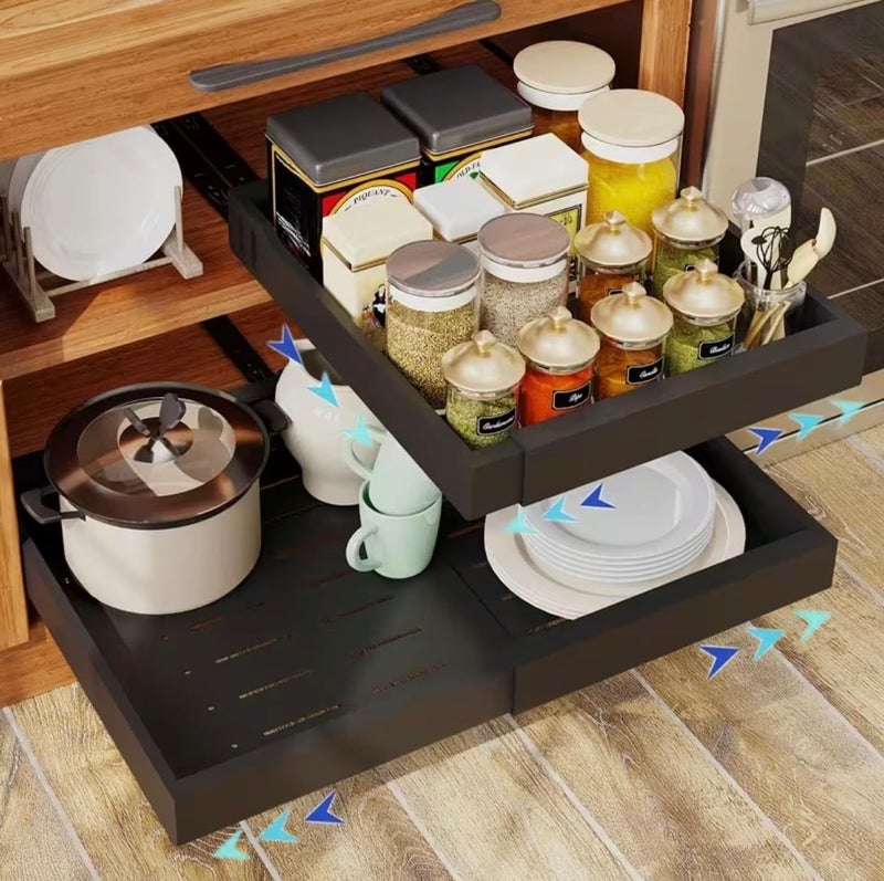 Adjustable Pull Out Cabinet Organizer Drawer, Heavy Duty Steel Sliding Storage Shelf, Expandable Kitchen Cabinet Organizer, Black Pull Out Basket for Pantry and Kitchen Storage - Image 3
