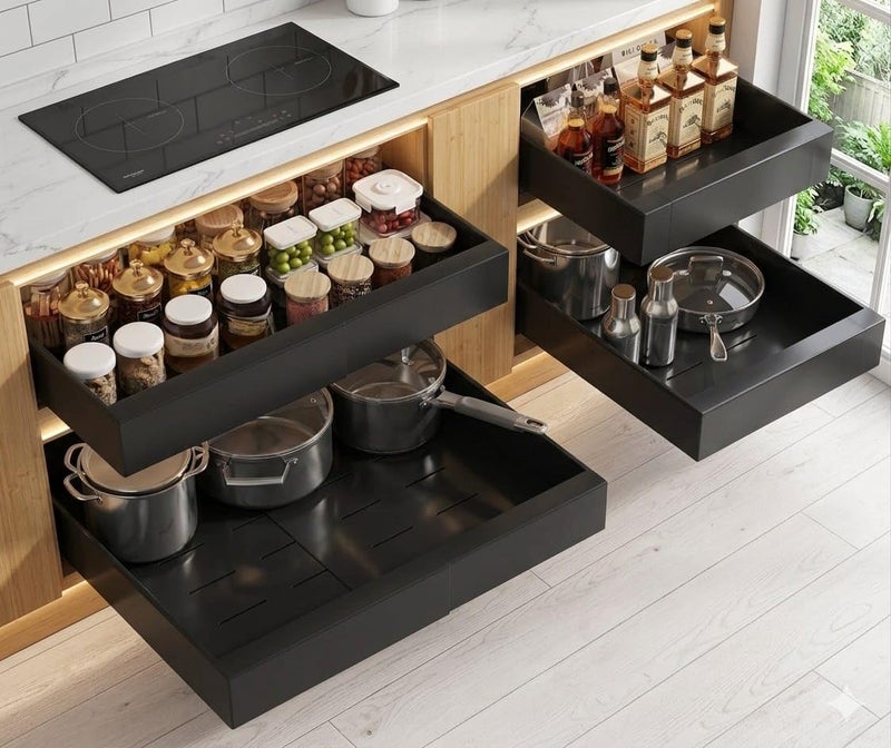 Adjustable Pull Out Cabinet Organizer Drawer, Heavy Duty Steel Sliding Storage Shelf, Expandable Kitchen Cabinet Organizer, Black Pull Out Basket for Pantry and Kitchen Storage - Image 1