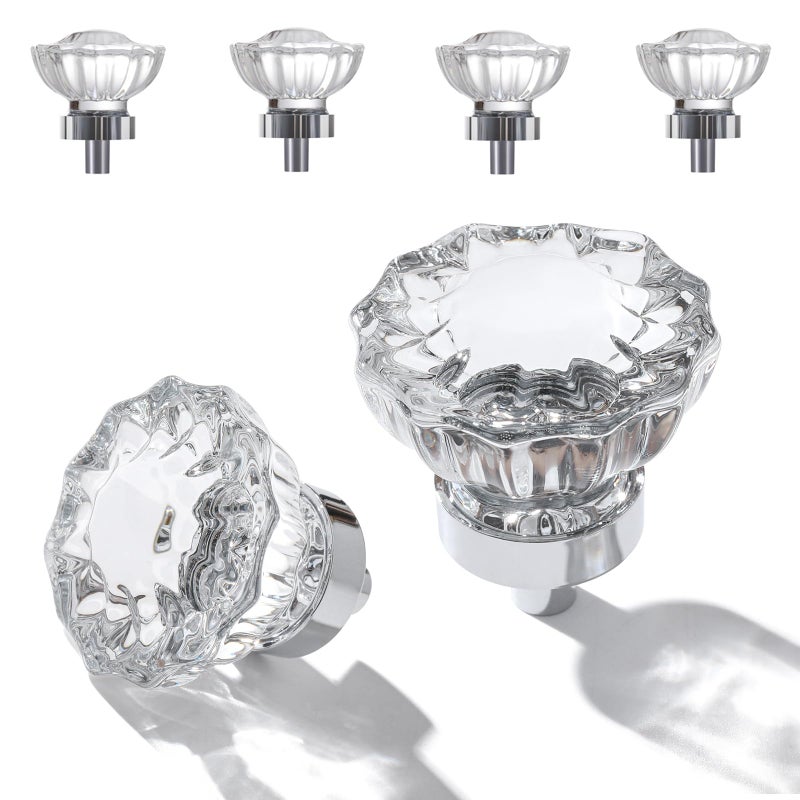 CEYMIO Glass Cabinet Knobs 4 Pack Crystal Vintage Knob For Kitchen Closet Dresser Cupboard Wardrobe, Clear Cabinets Hardwares Unique Decor Accessories With Screws Washers, Polished Chrome - Image 1