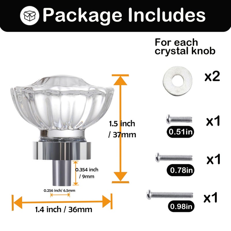 CEYMIO Glass Cabinet Knobs 4 Pack Crystal Vintage Knob For Kitchen Closet Dresser Cupboard Wardrobe, Clear Cabinets Hardwares Unique Decor Accessories With Screws Washers, Polished Chrome - Image 3