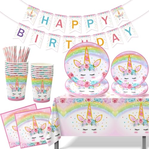 QIFU Unicorn Birthday Decorations for Girls 82 Pcs Rainbow Unicorn Party Supplies include Disposable Tableware Tablecloths and Banners Pink Floral Birthday Party Decor Serves 16 - Image 1