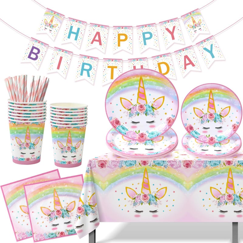 QIFU Unicorn Birthday Decorations for Girls 82 Pcs Rainbow Unicorn Party Supplies include Disposable Tableware Tablecloths and Banners Pink Floral Birthday Party Decor Serves 16 - Image 2