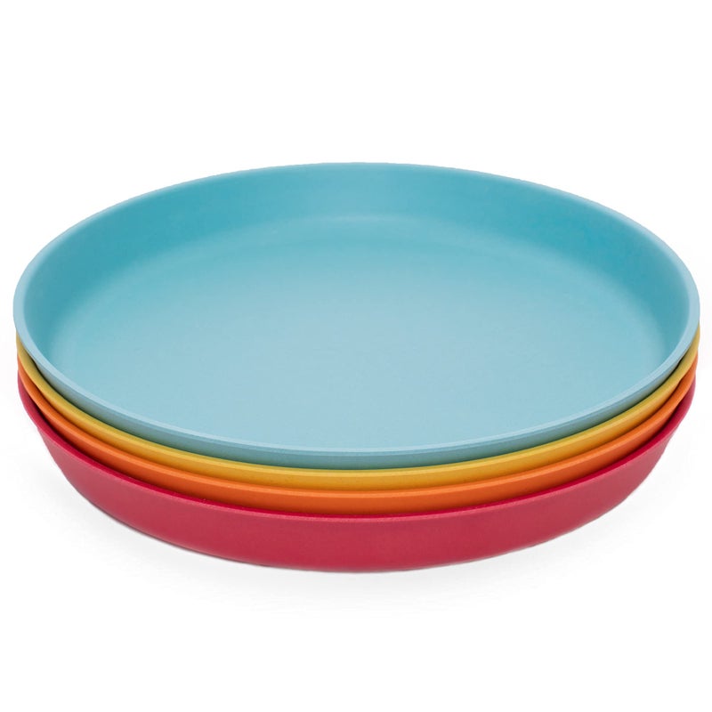 WeeSprout Bamboo Plates, Set of 4, Kid-Sized Dinnerware, Dishwasher Safe Melamine Dishware (Blue, Yellow, Orange, & Red, Without Lids) - Image 1