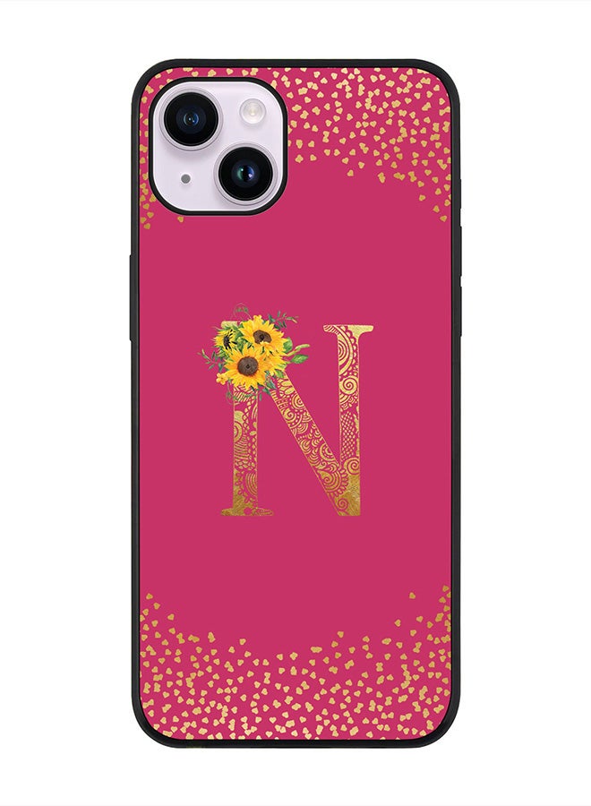 Stylizedd Rugged Black edge case for Apple iPhone 14 Plus, Soft Flexible Phone case Custom Monogram Initial Letter Mandala Floral Pattern Alphabet- N (Dark Pink Rose) - Image 1