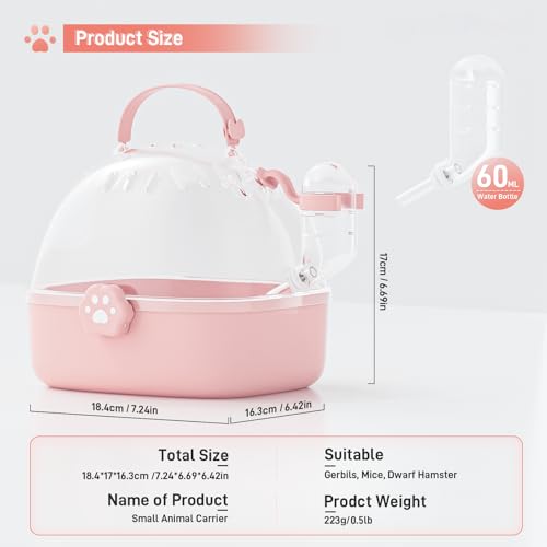 BUCATSTATE Small Animal Carrier Cage with Water Bottle, Portable Hamster Travel Carrier Carry Case 7.24" L*6.69 W *6.42" H for Small Pets, Gerbils, Mice, Dwarf Hamster (Pink) - Image 2