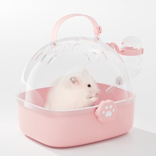 BUCATSTATE Small Animal Carrier Cage with Water Bottle, Portable Hamster Travel Carrier Carry Case 7.24" L*6.69 W *6.42" H for Small Pets, Gerbils, Mice, Dwarf Hamster (Pink) - Image 1