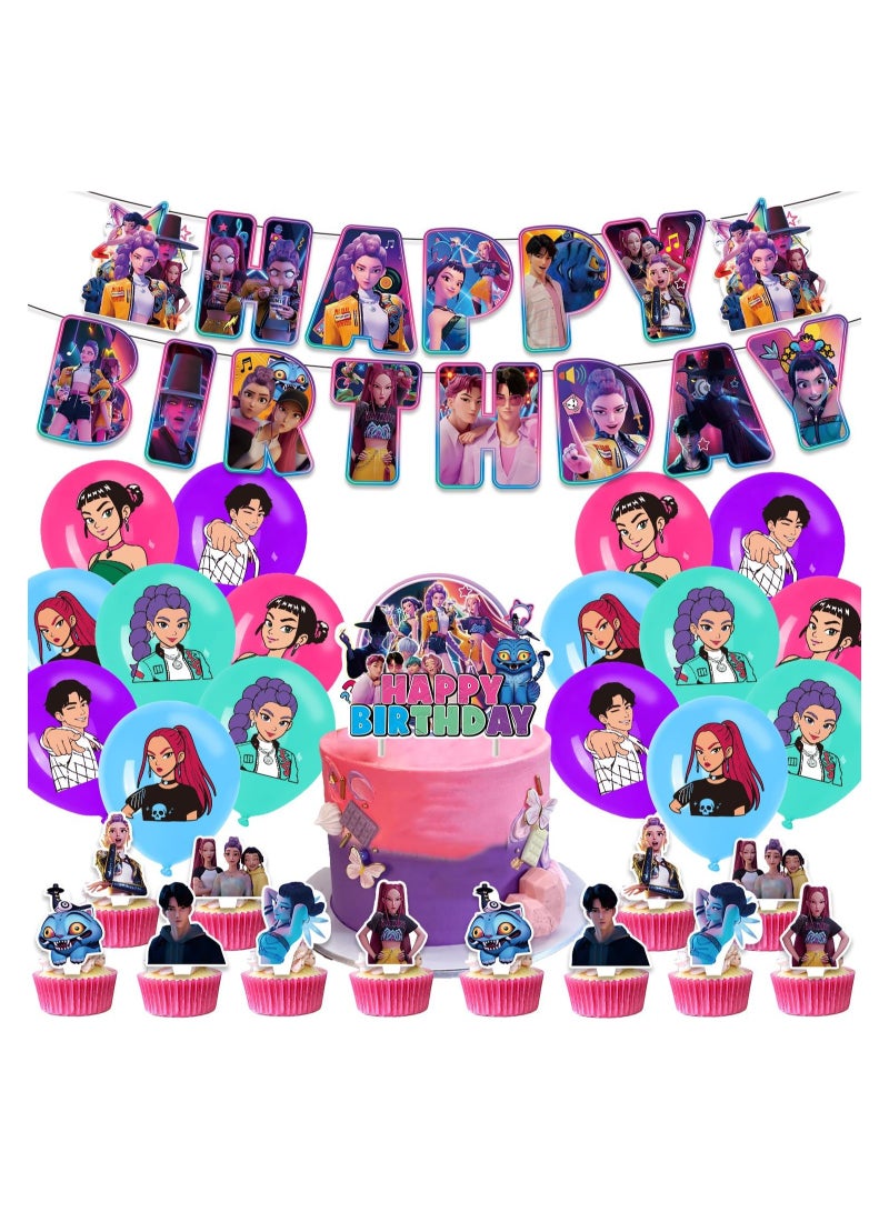 general Birthday Party Decorations, K-Pop Demons Hunters Party Supplies - Happy Birthday Banners, Balloons, Cake Topper Hats for Kids Fans - Image 1