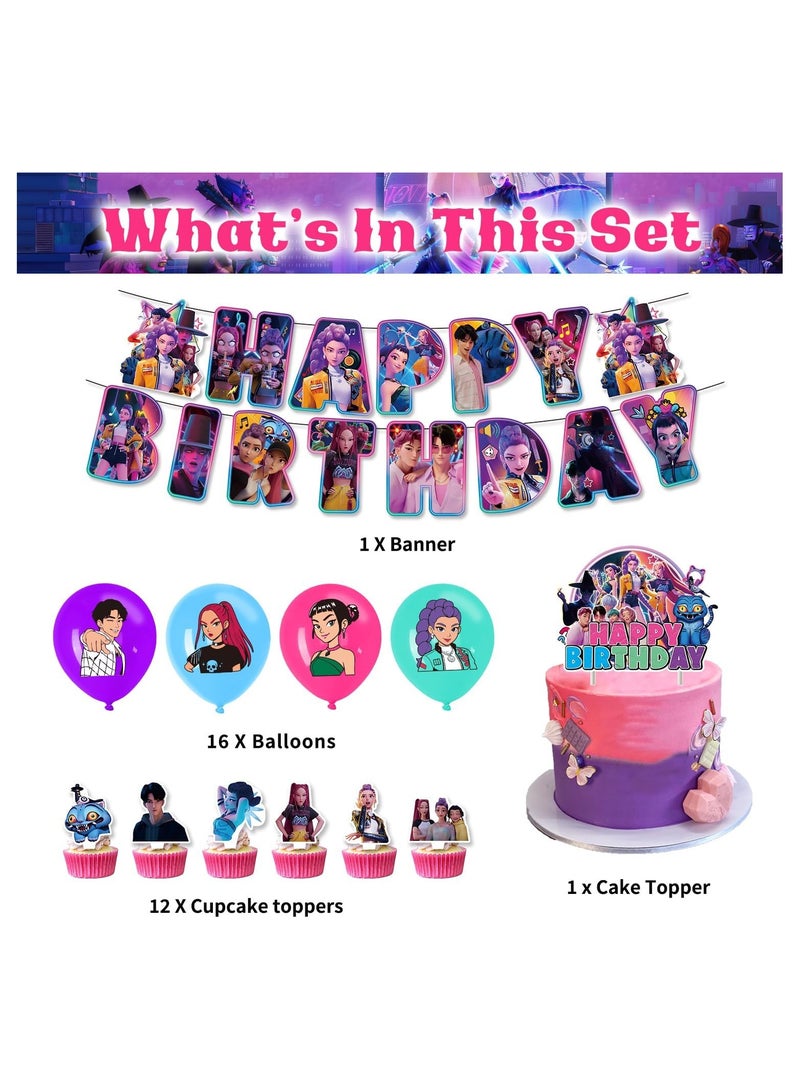 general Birthday Party Decorations, K-Pop Demons Hunters Party Supplies - Happy Birthday Banners, Balloons, Cake Topper Hats for Kids Fans - Image 2