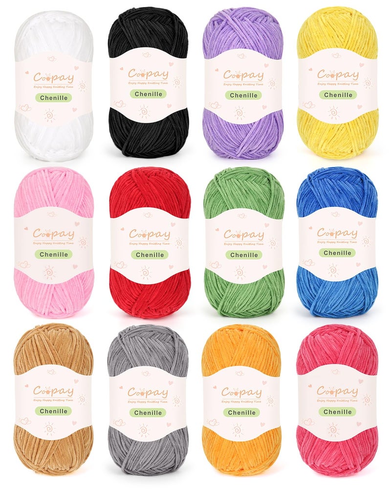 Coopay Skinny Chenille Yarn for Crocheting and Knitting, 12 Pack of 50g/1.76oz - 1764yd Total, Soft Crochet Yarn of Light Weight - Sutible for Colorful Crafts, Blankets, Plush Dolls and Baby Garments - Image 1