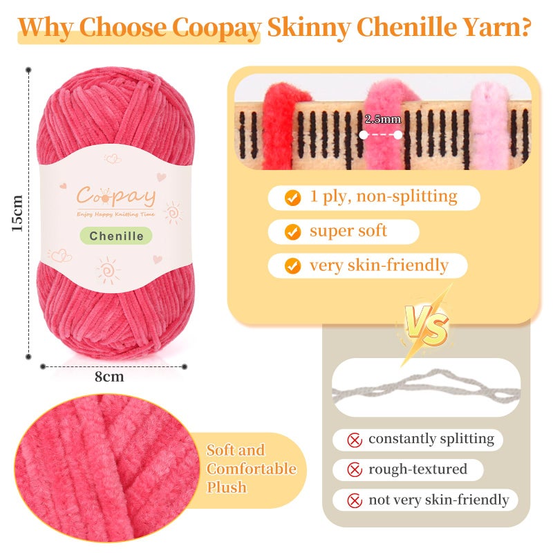 Coopay Skinny Chenille Yarn for Crocheting and Knitting, 12 Pack of 50g/1.76oz - 1764yd Total, Soft Crochet Yarn of Light Weight - Sutible for Colorful Crafts, Blankets, Plush Dolls and Baby Garments - Image 3